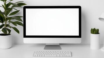 Office workplace with computer monitor mockup. Houseplants near modern pc display template advertising image. Electronics for commercial activity mock up product photorealistic photo