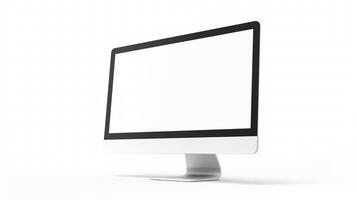 Mockup computer screen placed in white space. Glowing pc display with stand for gaming template advertising image. Contemporary device screen mock up product photorealistic photo