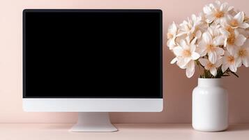 Computer monitor mockup and daffodils bouquet. Garden flowers placed by pc display near pink wall template advertising image. Spring decor screen mock up product photorealistic photo