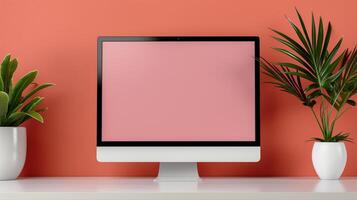 Mockup display of computer with houseplants on orange backdrop. Office digital device for data template advertising image. Pc monitor mock up on desk product photorealistic photo