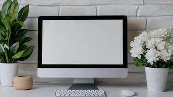 Mockup display of pc in stylish workplace. Cozy home office with modern computer monitor and plants template advertising image. Electronics device mock up product photorealistic photo