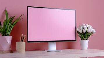Pc screen mockup with houseplants in pink office. Computer monitor with exotic plants and supplies template advertising image. Working screen mock up product photorealistic photo