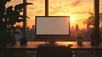 Computer screen mockup in office illuminate by sunset light. Pc monitor on company employee desk template advertising image. Digital device mock up display product photorealistic photo