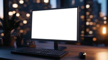 Computer with glowing mockup screen in evening corporate office. Business computer technology with monitor template advertising image. Device display mock up product photorealistic photo