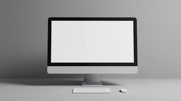 Extra large mockup monitor in empty office. Computer workstation with keyboard and mouse template advertising image. Business electronics mock up on table product photorealistic photo