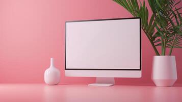 Mockup pc monitor with potted palm and vase. Modern office with computer equipment device template advertising image. Business environment with screen mock up product photorealistic photo
