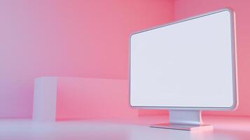 Monitor mockup on fancy pink background. Modern computer technology for business template advertising image. Femininity in workplace with display mock up product photorealistic photo
