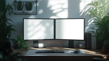 Two displays mockups of powerful computer in shady office. Electronic equipment with monitors template advertising image. Corporate device screens mock up product photorealistic photo