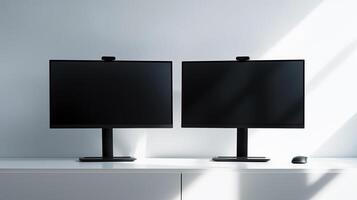 Mockup computer displays on desk by white wall. Minimalist it company office interior with pc monitors template advertising image. Modern screens mock up product photorealistic photo