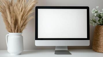Dried fluffy flowers and computer monitor mockup. Fall season interior design with pc display template advertising image. Office equipment screen mock up product photorealistic photo
