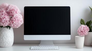 Pink hortensias near mockup computer screen on desk. Spring flowers ornament at office workplace template advertising image. Display mock up of device product photorealistic photo