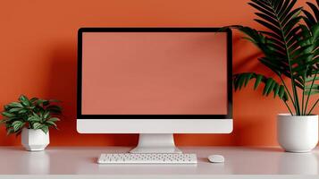 Mockup pc screen and exotic plants on orange backdrop. Internet business technology digital display template advertising image. Computer monitor mock up product photorealistic photo