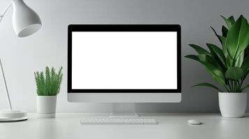 Minimalist design of workplace with computer monitor mockup. Office digital equipment with display template advertising image. Desktop device mock up product photorealistic photo