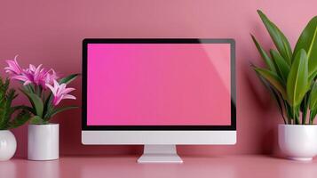 Computer mockup and exotic potted plants on pink backdrop. Trendy workplace with modern pc monitor template advertising image. Feminine design screen mock up product photorealistic photo