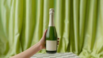Hand holding champagne bottle mockup with blank label on satin green curtain. Elegant composition, luxurious vibe sparkling wine template advertising image. Mock up product realistic photo