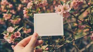 Hand holding blank photo frame mockup with blooming flowers in soft focus. Blossoming branches nostalgic memories photoframe template advertising image. Mock up photorealistic