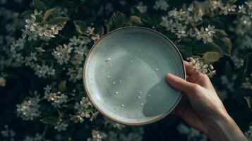 Hand holding empty ceramic plate mockup near blossoming tree with soft petals. Natural dining, mindfulness. Tranquil rustic tableware template advertising image. Mock up photorealistic photo