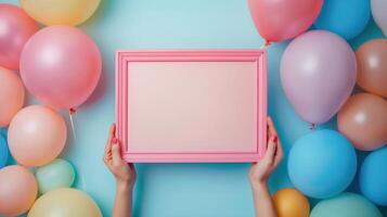 Female hands holding pink frame mockup surrounded by colorful pastel balloons. Blank space with party decoration baloons template advertising image. Ballons mock up photorealistic photo