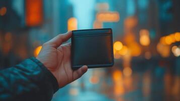 Hand holding leather black wallet mockup with blurred cityscape dusk. Soft bokeh lights urban atmosphere. Fashion accessory template advertising image. Mock up product photorealistic photo