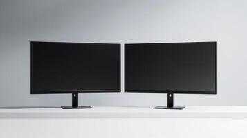 Two monitors mockups on white table. Double screen computer for effective work template advertising image. Office digital technology with mock up screens product photorealistic photo