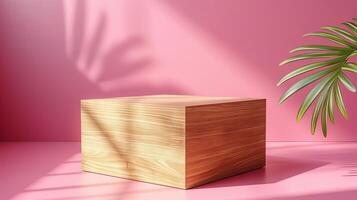 Wooden block and palm leaf in pink space banner background copy space. Product demonstration podium image backdrop empty. Advertisement concept composition front view, copyspace photo
