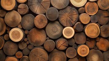 Cut wooden logs irregular pattern banner background copy space. Natural timber pile image backdrop empty. Firewood chopped circles stack concept composition top view, copyspace photo
