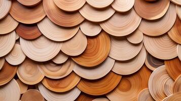 Arrangement of thin wooden circles banner background copy space. Textured timber material pattern image backdrop empty. Carpentry art craft concept composition top view, copyspace photo
