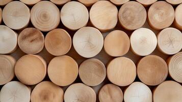 Pine wood round cut pieces pattern banner background copy space. Cozy natural home decor image backdrop empty. Woodwork crafting supplies concept composition top view, copyspace photo