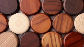Round wooden parts arranged pattern banner background copy space. Woodwork art craft timber ornament image backdrop empty. Ornament of pucks concept composition top view, copyspace photo