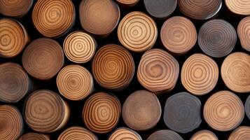 Cut tree trunk circle pieces ornament banner background copy space. Lumber material decorative pattern image backdrop empty. Carpentry concept composition top view, copyspace photo