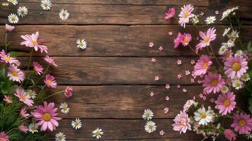 Gentle windflowers on wooden surface banner background copy space. Summer blossom frame on table image backdrop empty. Fresh flowers pattern concept composition top view, copyspace photo