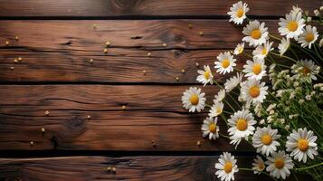 Wildflowers on rustic wooden table banner background copy space. Gentle chamomiles bouquet on desk image backdrop empty. Floral display concept composition top view, copyspace photo