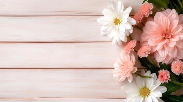 Elegant garden flowers frame on table banner background copy space. Fresh bouquet on pink surface image backdrop empty. Femininity nature concept composition top view, copyspace photo