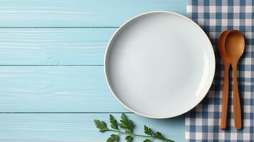 Plate with wooden spoons on blue table banner background copy space. Flatware on wooden countertop image backdrop empty. Dinner setting concept composition top view, copyspace photo