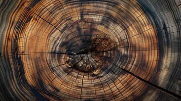 Weathered log cross section with rings pattern banner background copy space. Aged timber structure image backdrop empty. Wood material concept composition top view, copyspace photo