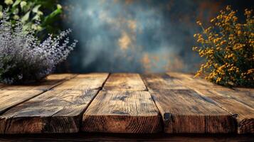 Rustic wooden table with flowers banner background copy space. Board display for goods image backdrop empty. Products placement concept composition closeup view, copyspace photo