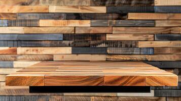 Stylish wooden podium for product banner background copy space. Timber shelf display image backdrop empty. Advertising goods wood concept composition closeup view, copyspace photo