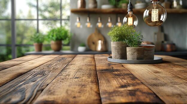 Rustic wooden countertop in kitchen banner background copy space. Dining table with houseplants image backdrop empty. Items placement concept composition front view, copyspace photo