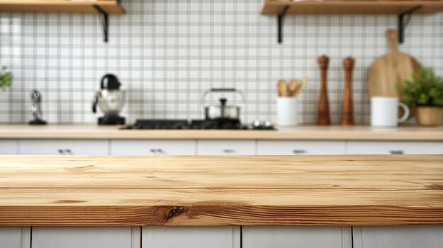 Rustic wooden countertop for food products banner background copy space. Timber table in kitchen image backdrop empty. Goods placement concept composition front view, copyspace photo