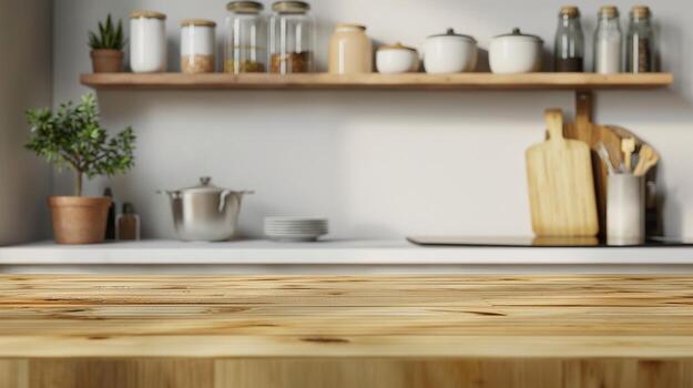 Timber countertop in cozy kitchen banner background copy space. Goode presentation display indoors image backdrop empty. Wooden table podium concept composition front view, copyspace photo