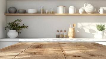 Wooden table with patterns in kitchen banner background copy space. Goods retail in domestic atmosphere image backdrop empty. Food display concept composition front view, copyspace photo