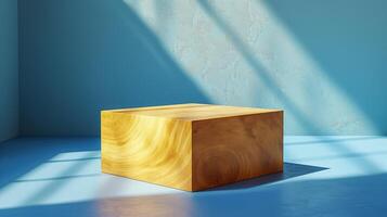 Textured wooden block near blue wall banner background copy space. Minimalist product podium image backdrop empty. Stylish presentation stage concept composition front view, copyspace photo