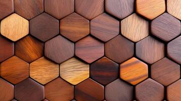 Wooden hexagonal cells ornament banner background copy space. Stylish timber pattern image backdrop empty. Wood elements of home decor concept composition top view, copyspace photo