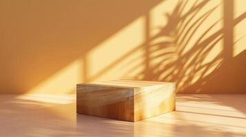 Wooden podium near yellow wall with shades pattern banner background copy space. Minimalist design of product image backdrop empty. Commerce concept composition front view, copyspace photo