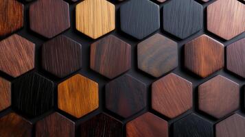 Handmade hexagonal wooden tiles banner background copy space. Trendy geometric pattern of timber tiles image backdrop empty. Interior design concept composition top view, copyspace photo