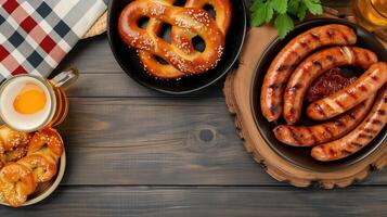 Grilled sausages oktoberfest dinner banner background copy space. Beer and food on wooden table image backdrop empty. German cuisine concept composition top view, copyspace photo