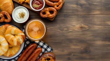 Bakery snacks and fresh beer on table banner background copy space. Oktoberfest treats on wooden counter image backdrop empty. Food and drink concept composition top view, copyspace photo
