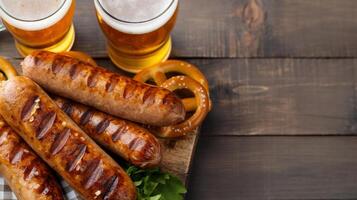 Tasty grilled sausages and beer on wooden table banner background copy space. Traditional oktoberfest food image backdrop empty. Eating concept composition top view, copyspace photo
