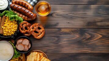 Oktoberfest dinner served on wooden table banner background copy space. Craft beer and food image backdrop empty. Nutritious snacks concept composition top view, copyspace photo