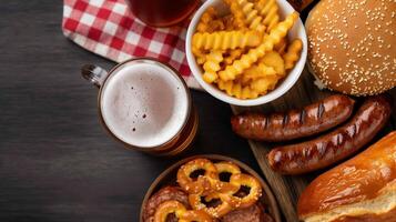 Fast food snacks and beer on wooden table banner background copy space. Nutritious dinner in cafe image backdrop empty. Eating habits concept composition top view, copyspace photo